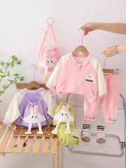 SSN040924-56 طقم بناتي ربيعي خريفي قطن تقيل 3 قطع ( جكيت + بنطلون + حقيبة)