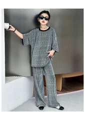 RM150424-32 طقم بناتي بلمع مزين بالبرق قطعتين ( بلوزة + بنطلون)