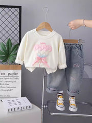 SSN040924-40 طقم بناتي جينز قطعتين ربيعي خريفي ( بلوزة + بنطلون جينز )