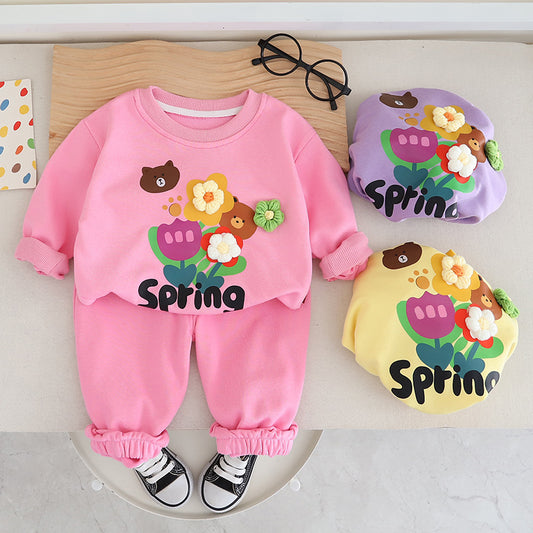 SSN040924-18 طقم بناتي ربيعي خريفي قطن دافي قطعتين ( بلوزة + بنطلون)