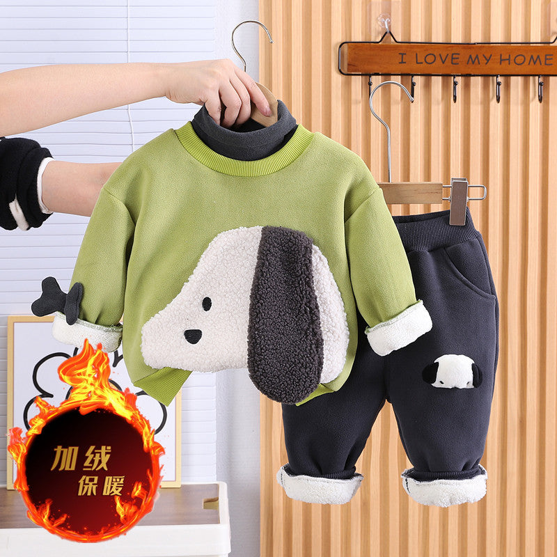 SSX220824-36 طقم ولادي شتوي تقيل مبطن فرو بالكامل قطعتين ( بلوزة + بنطلون)