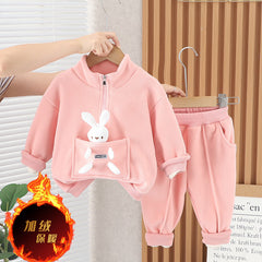 SSX220824-34 طقم بناتي أرنوب شتوي تقيل مبطن فرو بالكامل قطعتين ( بلوزة + بنطلون)