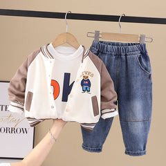 RM0608-15 طقم ولادي 3 قطع ( بلوزة + جكيت + بنطلون جينز )