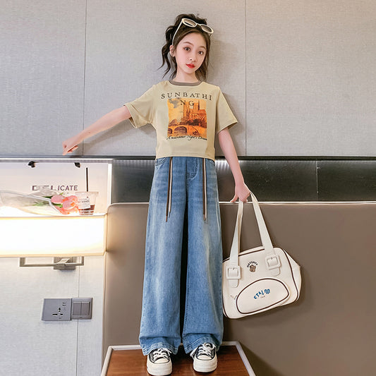 FU14042024-17 طقم بناتي قطعتين ( بلوزة + بنطلون جينز)