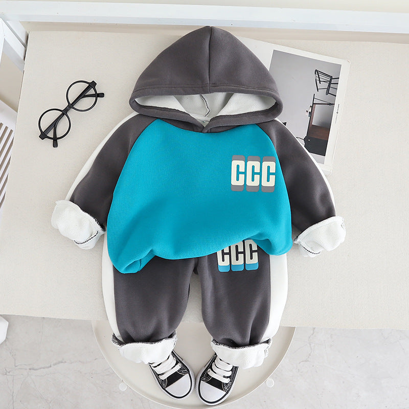 SSX220824-57 طقم ولادي شتوي تقيل مبطن فرو بالكامل قطعتين ( بلوزة + بنطلون)