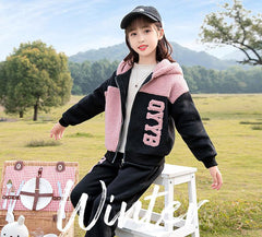 HBC040924-5 طقم بناتي شتوي تقيل مبطن فرو قطعتين ( جكيت + بنطلون)