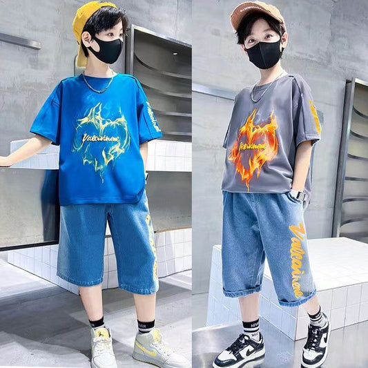 FU14042024-73 طقم ولادي صيفي قطعتين ( بلوزة + بنطلون جينز)