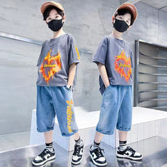 FU14042024-73 طقم ولادي صيفي قطعتين ( بلوزة + بنطلون جينز)