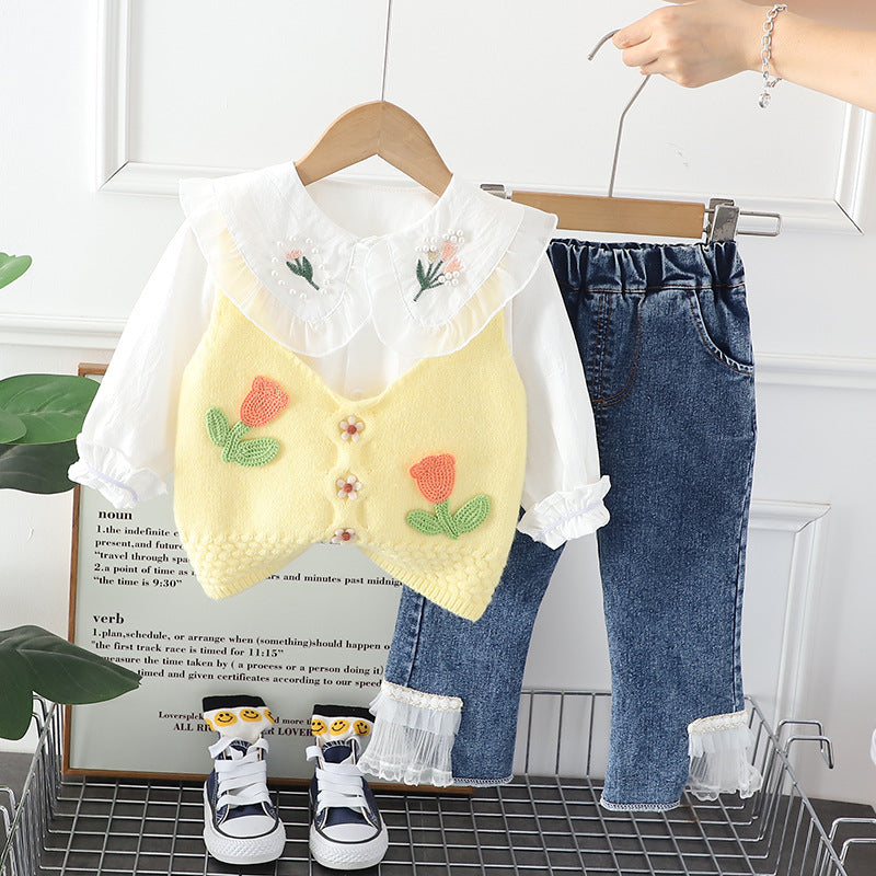 RM0608-21 طقم بناتي 3 قطع ( قميص + فست صوف مورد+ بنطلون جينز )