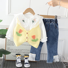 RM0608-21 طقم بناتي 3 قطع ( قميص + فست صوف مورد+ بنطلون جينز )