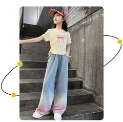 RM150424-31 طقم بناتي جينز صيفي قطعتين ( بلوزة + تنورة )