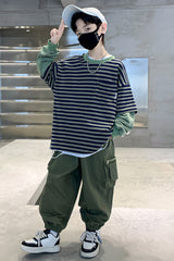 RM1227-43 طقم ولادي خامة تقيلة بجي قطعتين ( بلوزة قطنية + بنطلون كتان)