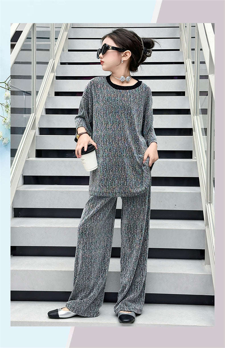 RM150424-32 طقم بناتي بلمع مزين بالبرق قطعتين ( بلوزة + بنطلون)