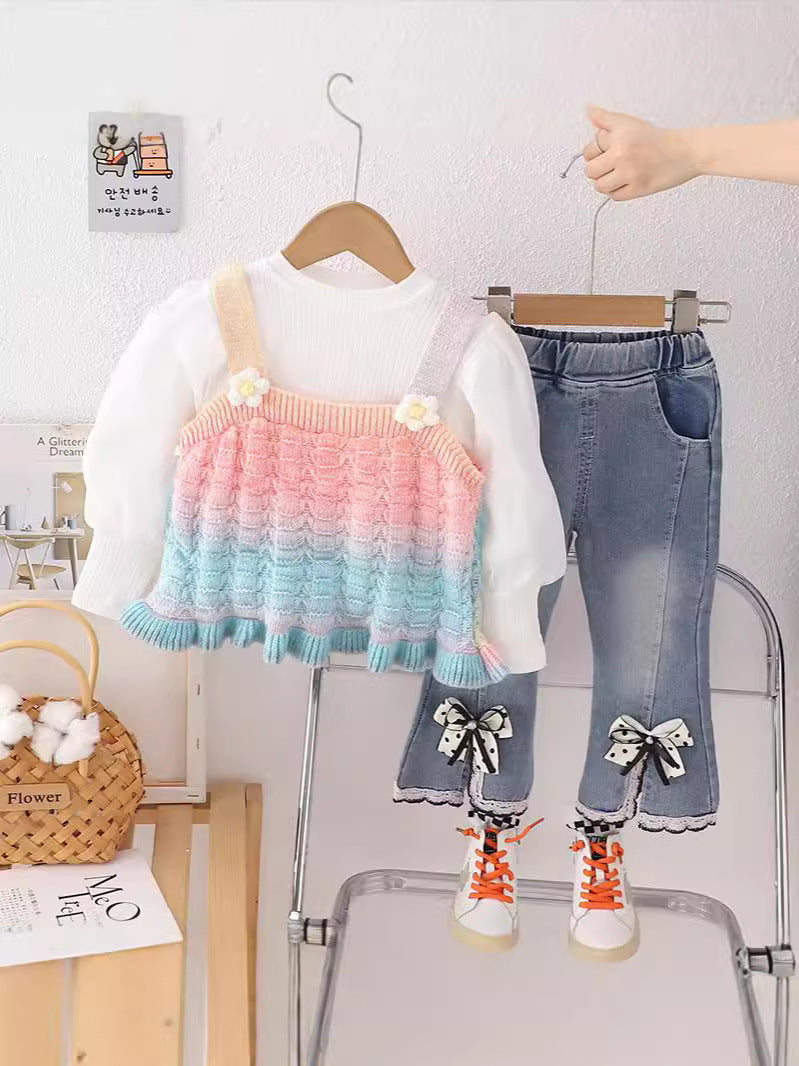 SSN040924-46 طقم جينز بناتي خريفي ربيعي 3 قطع ( بلوزة صوف + بلوزة قطنية + بنطلون جينز )