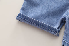 SSN040924-30 طقم افرهول جينز بناتي شورت قطعتين ( بلوزة قطن + افرهول جينز )