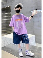 FU14042024-66 طقم ولادي صيفي قعطتين ( بلوز + بنطلون جينز)