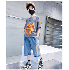 FU14042024-73 طقم ولادي صيفي قطعتين ( بلوزة + بنطلون جينز)