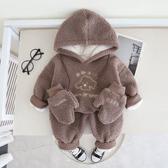 SSX220824-55 طقم ولادي شتوي تقيل مبطن فرو بالكامل 3 قطع ( بلوزة + بنطلون + قفازات)