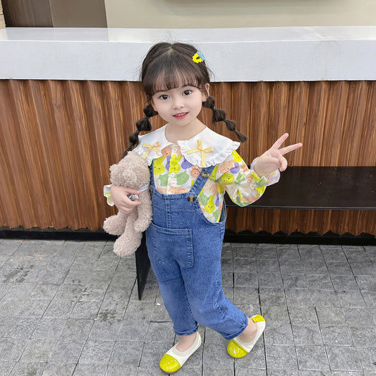 RM231223-40 طقم بناتي قطعتين ( افرهول جينز + قميص )