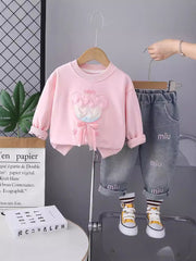 SSN040924-40 طقم بناتي جينز قطعتين ربيعي خريفي ( بلوزة + بنطلون جينز )