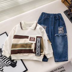 SSX220824-109 طقم ولادي قطعتين ( بلوزة + بنطلون جينز)