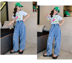 FU14042024-22 طقم بناتي صيفي قطعتين ( بلوزة قطنية + بنطلون جينز)