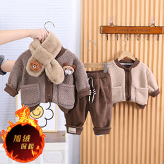 SSX220824-37 طقم ولادي شتوي مبطن فرو ( جكيت + بنطلون + لفحة)