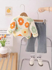 SSN040924-25 طقم بناتي قطن تقيل خريفي ربيعي قطعتين ( بلوزة + بنطلون)