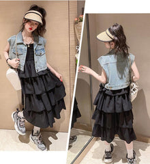 RM150424-25 فستان صيفي طبقات + فست جينز ناعم