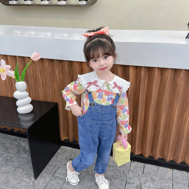 RM231223-40 طقم بناتي قطعتين ( افرهول جينز + قميص )