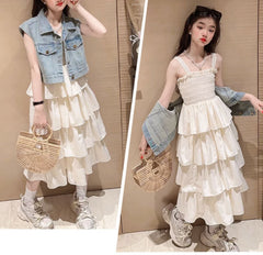 RM150424-25 فستان صيفي طبقات + فست جينز ناعم