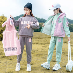 HBC040924-9 طقم بناتي شتوي تقيل مبطن فرو بالكامل 3 قطع ( بلوزة + فست + بنطلون)