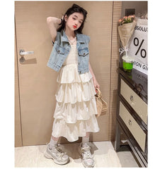 RM150424-25 فستان صيفي طبقات + فست جينز ناعم