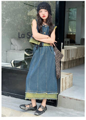 RM150424-29 طقم بناتي جينز صيفي قطعتين ( بلوزة + تنورة )