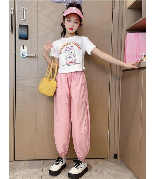 FU14042024-24 طقم بناتي صيفي قطعتين ( بلوزة + بنطلون)