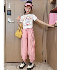 FU14042024-24 طقم بناتي صيفي قطعتين ( بلوزة + بنطلون)