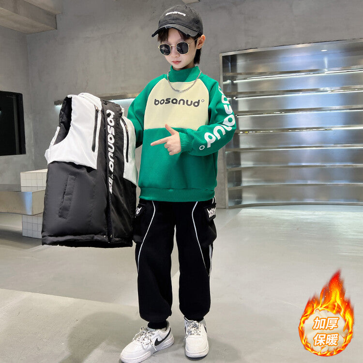 WZS040924-10 طقم ولادي شتوي 3 قطع تقيل مبطن بالكامل ( بلوزة + فست +  بنطلون)