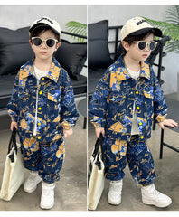 RM1227-17 طقم جينز برسومات مميزة بجي قطعتين ( جكيت + بنطلون)