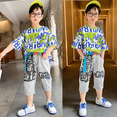 FU14042024-44 طقم ولادي صيفي ( بلوزة قطنية + بنطلون جينز + حزام وسط)