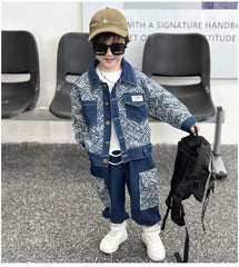 RM1227-36 طقم جينز ناعم ومريح ، قطعتين عالنمط بالكوري برسومات عصرية ( جكيت جينز + بنطلون جينز)