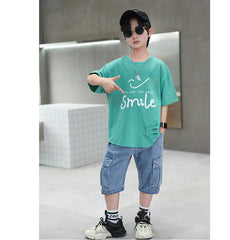 FU14042024-14 طقم ولادي صيفي قطعتين ( بلوزة + بنطلون جينز)