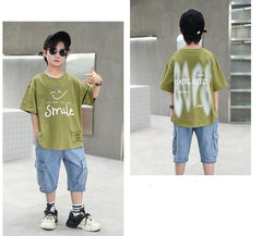 FU14042024-14 طقم ولادي صيفي قطعتين ( بلوزة + بنطلون جينز)