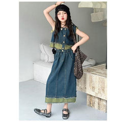 RM150424-29 طقم بناتي جينز صيفي قطعتين ( بلوزة + تنورة )