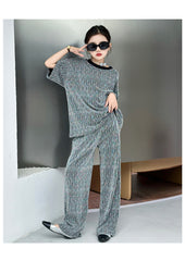 RM150424-32 طقم بناتي بلمع مزين بالبرق قطعتين ( بلوزة + بنطلون)