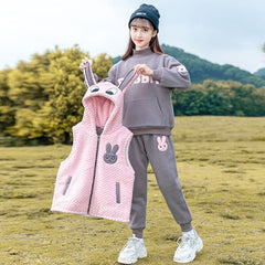 HBC040924-9 طقم بناتي شتوي تقيل مبطن فرو بالكامل 3 قطع ( بلوزة + فست + بنطلون)