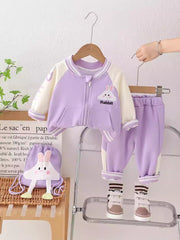 SSN040924-56 طقم بناتي ربيعي خريفي قطن تقيل 3 قطع ( جكيت + بنطلون + حقيبة)