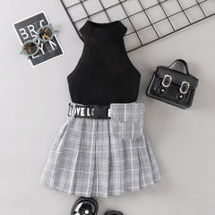EU120424-5 طقم بناتي قطعتين (بلوزة + تنورة + حزام خصر مع حقيبة كروهات)