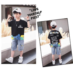 FU14042024-51 طقم ولادي صيفي جينز قطعتين ( بلوزة + بنطلون)