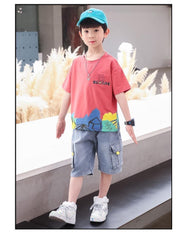 FU14042024-51 طقم ولادي صيفي جينز قطعتين ( بلوزة + بنطلون)