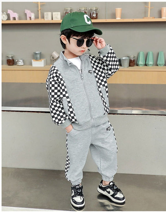 RM1227-45  بدلة رياضية شطرنج قطنية مميزة تتكون من قطعتين ( جكيت + بنطلون)